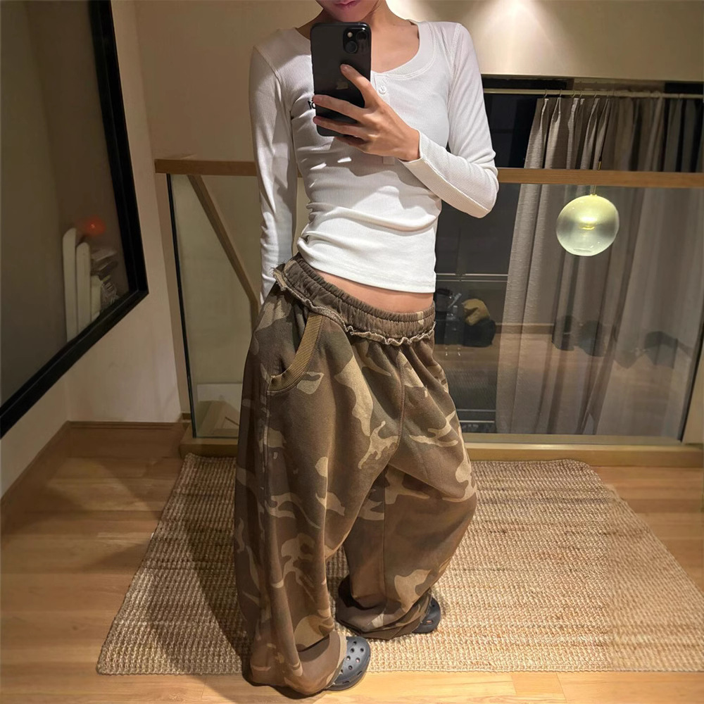 American Style Spice Girl Camouflage Wide Leg Pants Women's Autumn and Winter New Straight Casual Pants Loose Sports Sweatpants Design Sense Pants