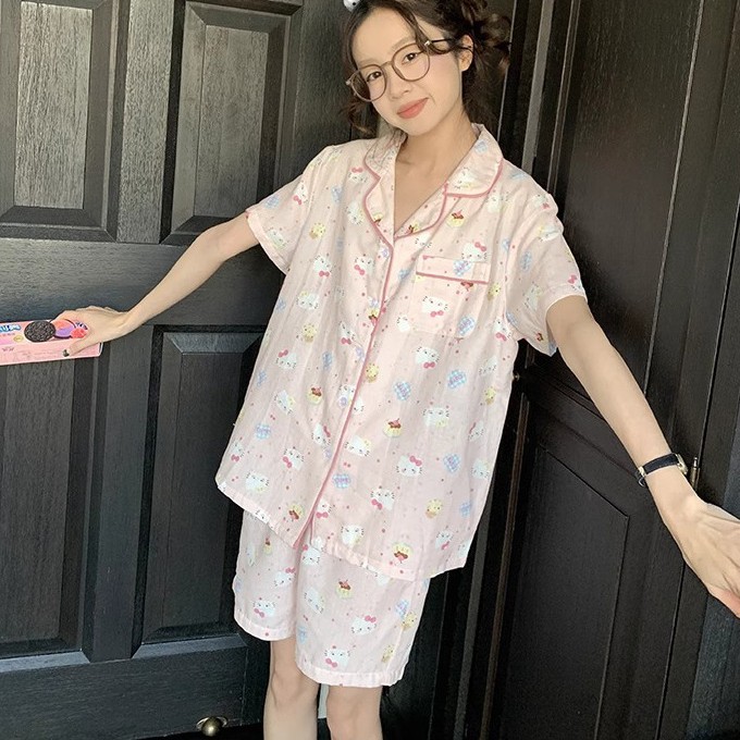 Nube de algodón pijama de mujer verano nuevo dibujos animados impresión pantalones cortos de manga corta dos conjuntos de pareja de estudiantes ropa para el hogar
