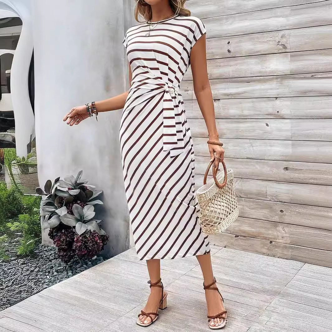 Women's Long Dress With Waist Tie Round Neck Short Sleeved High End Sophisticated Summer Dress_ecoleips.com