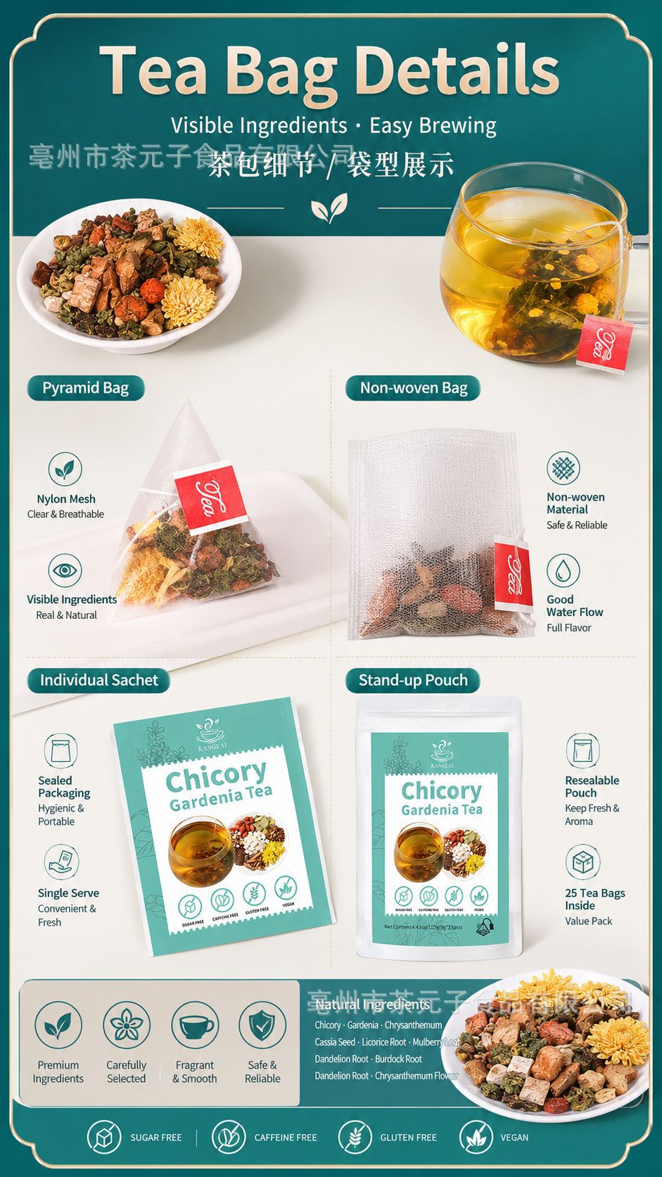 Chicory and Gardenia Tea Bags Zhi Ju Cha 25 Tea Bags with Chrysanthemum Dandelion Root and Mulberry Leaf quality and texture