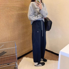 韩系em*is早秋新款纯棉百搭休闲弯刀裤女时髦慵懒阔腿裤百搭长裤