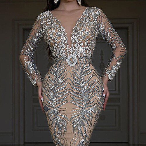 New European and American women's dress, bronzing long-sleeved, slim, sexy fishtail mop evening dress