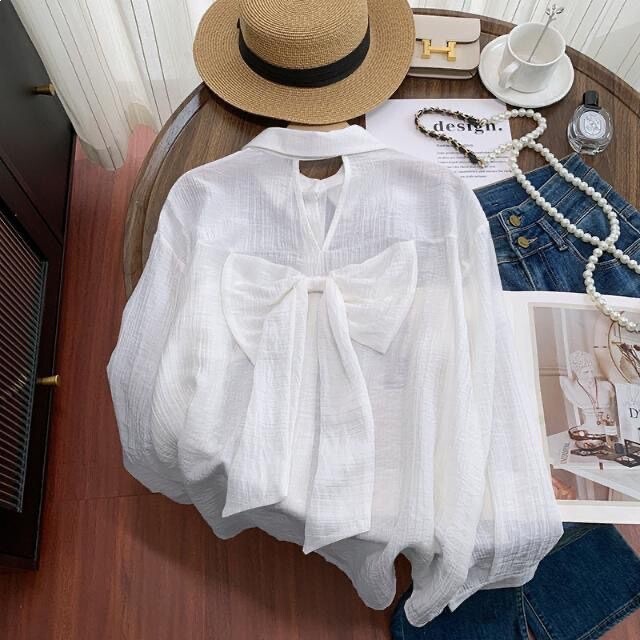 Blue Bow-Knot Hollow-Out Long-Sleeved Sun Protection Shirt Jacket, Summer Thin Air-Conditioning Shirt, Loose Outerwear, Slimming Top