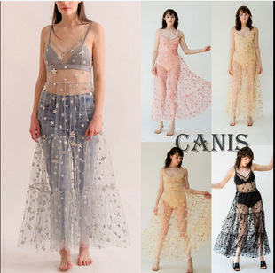 2023Ins Street Suspender Mesh Bikini Cover-Up Star See-Through Mesh Sexy Slim Dress