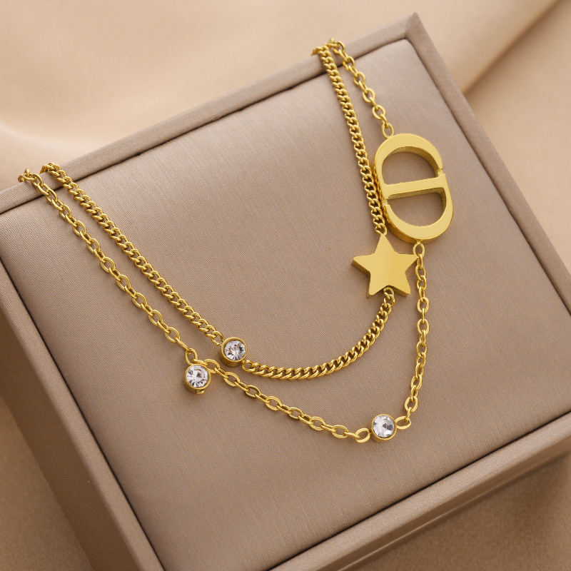 Fashion Geometric Titanium Steel Plating Artificial Diamond Layered Necklaces