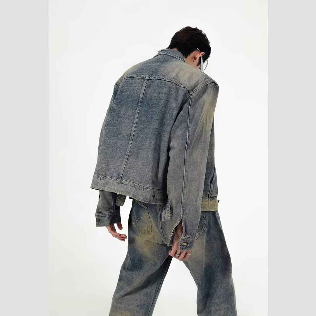 Americano retro nicho retro apenado lavado suelto abrigo Denim de alta calidad traje de Chaqueta corta conjunto completo de los hombres