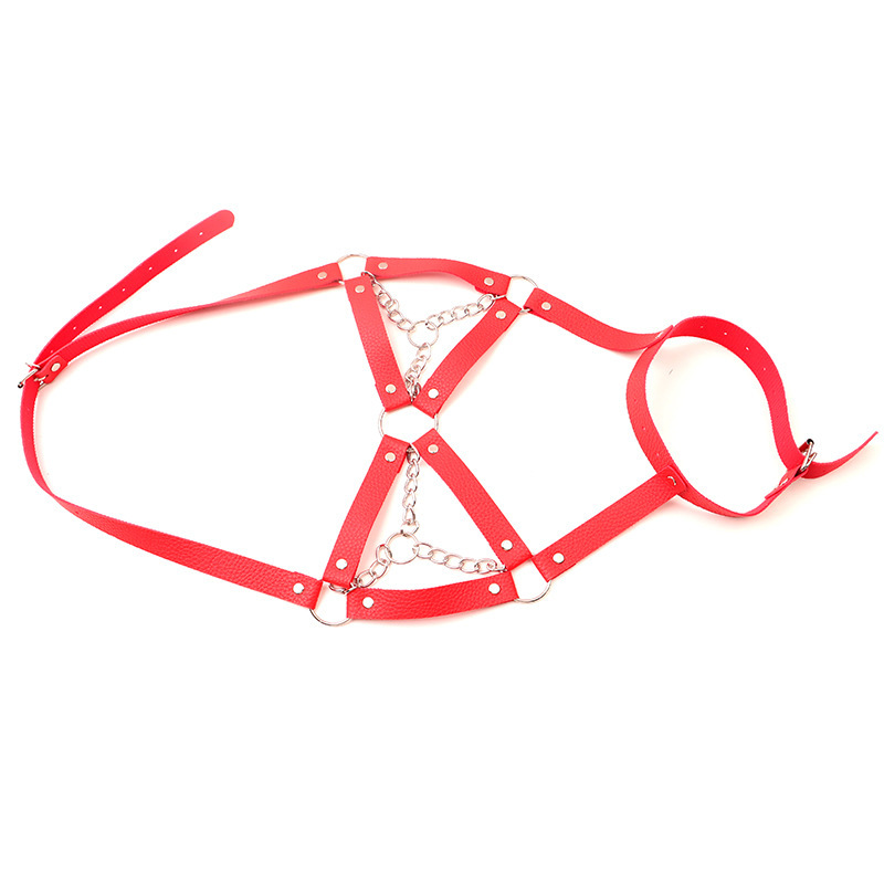 Chain Bra Lingerie with Leather Hand and Leg Restraint Cuffs, Pink One Size — detail image 7