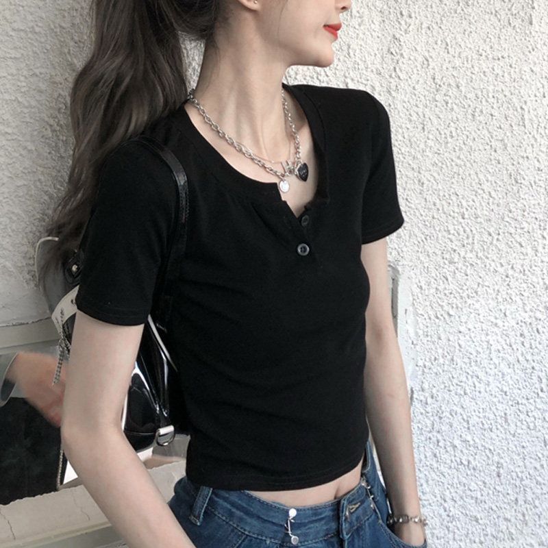 2026 New Style Women's Summer Button-Collar Short-Sleeve Regular Shoulder Short-Cut Slim-Fit Ins-Style Top for Petite Girls