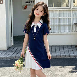 女童夏季学院风POIO领连衣裙中大童百褶花边裙甜美风时尚公主裙子