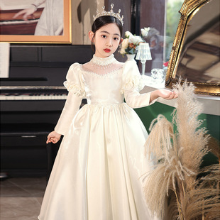 High-End Satin Children's Evening Dress with Long Sleeves, Flower Girl Wedding Dress, Little Girl's Birthday Princess Dress, Hepburn-Style Dress