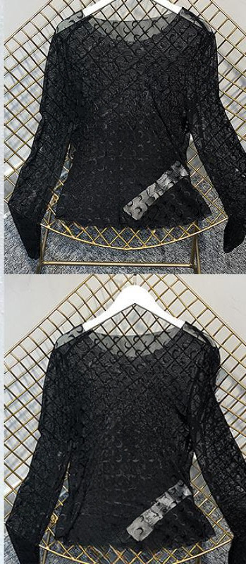 Jennie Jin Zhini Moon Mesh Base Shirt Women's Long-sleeved Perspective T-shirt blackpink Song Clothes
