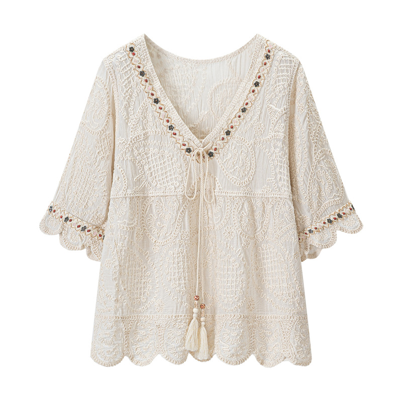 2026 Summer New Bohemian Resort Style Lace Embroidered Beaded Shirt for Women, Lightweight Loose Top 2026 Summer New Bohemian Resort Style Lace Embroidered Beaded Shirt for Women, Lightweight Loose Top