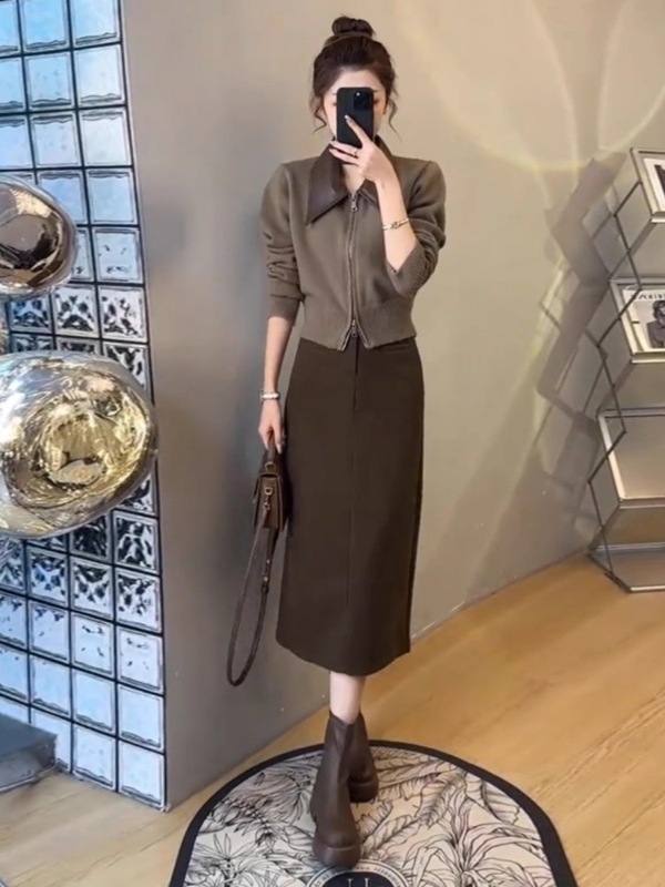 韩系穿搭时尚套装裙秋季显瘦气质减龄拉链针织毛衣半身裙子两件套|undefined