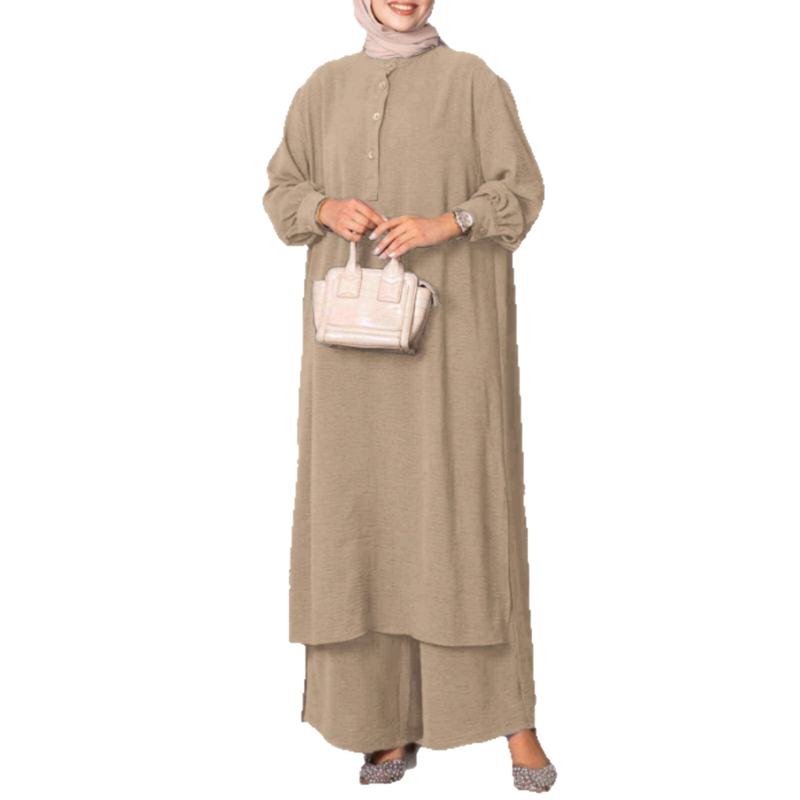 Abito da sera modesto da donna, abbigliamento musulmano ampio, completo casual da donna, top a maniche lunghe con scollo rotondo e bottoni e pantaloni a gamba larga._voghion.com