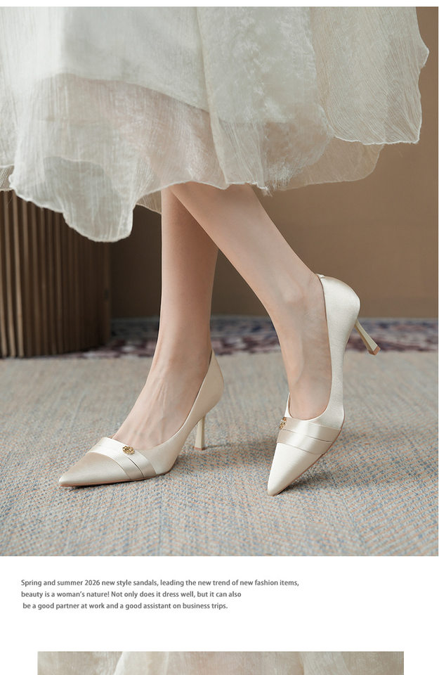 Giày cao gót nữ mũi nhọn gót mảnh chất liệu lụa satin, gót 6–8 cm — Màu nâu, Màu trắng ngà, màu đen chi tiết 6