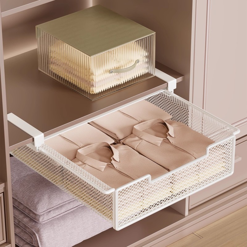 Hanging Wardrobe Built-In Shelf Organizer, Layered Storage Solution for Clothes, Under-Hanging Basket, No-Drill Partition, Pull-Out Type