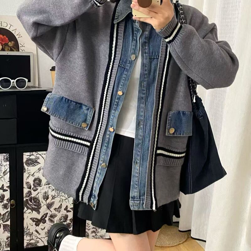 春秋冬设计感牛仔拼接假两件开衫毛衣休闲宽松百搭针织上衣外套|undefined
