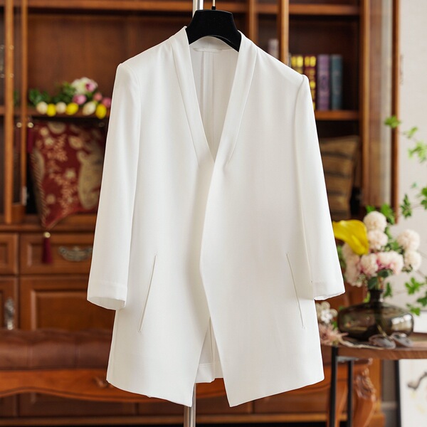 Wide Version Collarless Acetate Three-Quarter Sleeve Commuter Suit Jacket for Women Summer New Style 0503