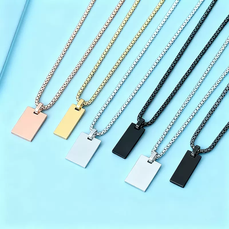 项链欧美跨境不锈钢长条空白无字材料节日礼物方形孔刻字珍珠项链