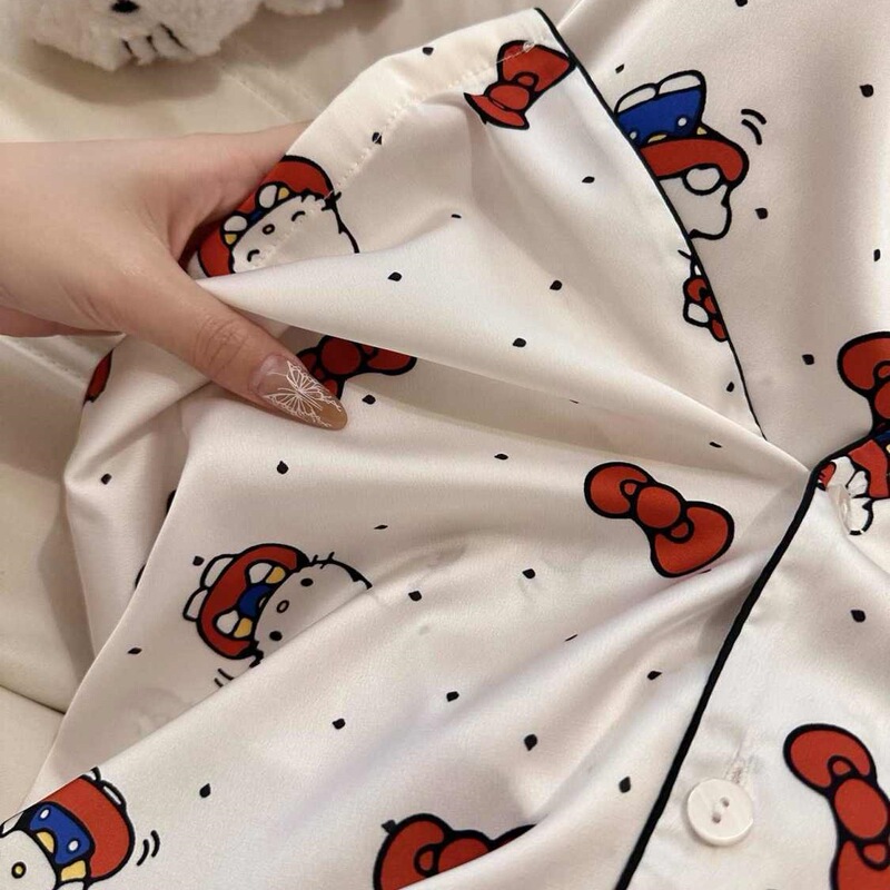 リボンキティ猫韓国語版インかわいいパジャマ女性のための春と秋の新しい長袖ズボンホーム服は屋外で着用できます|undefined