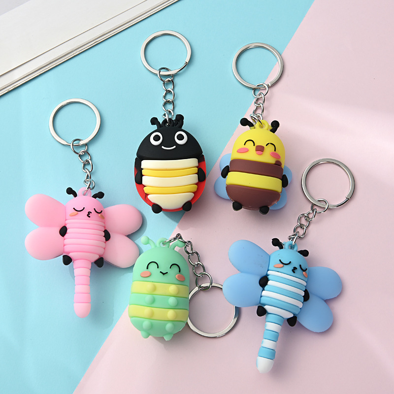 Cartoon soft plastic three-dimensional Dragonfly bee keychain cute caterpillar seven star ladybird doll key chain pendant