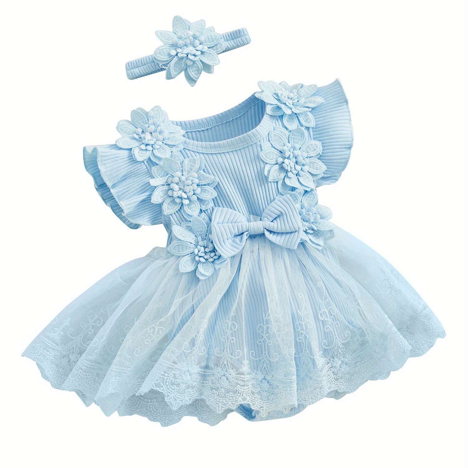 Baby Girl 2pcs Outfits Mesh Lace Patchwork Ruffle Romper transfronterizo