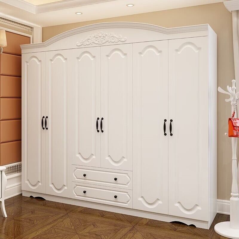 Modern Minimalist Wardrobe for Home Use in the Bedroom, White Girls' Wardrobe, Wooden Four, Five, or Six-Door European-Style Assembled Wardrobe Factory