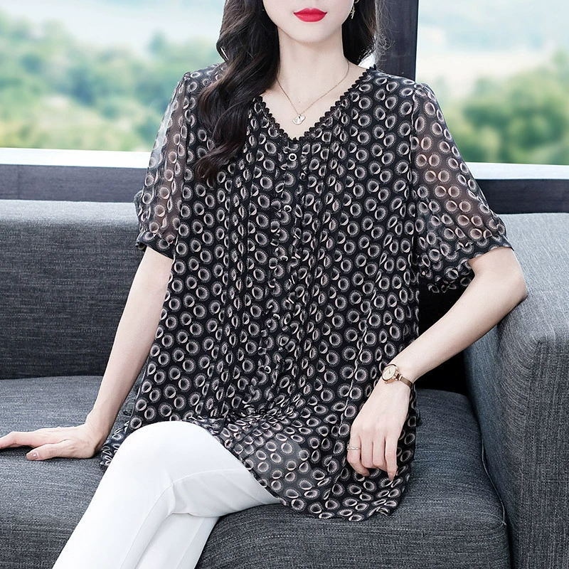 2023 летняя новая Повседневная Свободная шифоновая рубашка с коротким рукавом Fatty 240 Jin с принтом, Топ для женщин среднего и пожилого возраста