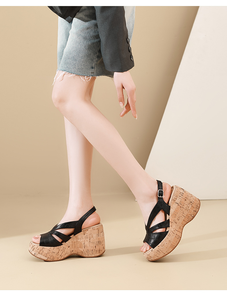 Sandal cao gót nữ hở mũi đế xuồng platform 10cm phong cách La Mã — màu đen, màu trắng ngà chi tiết 2