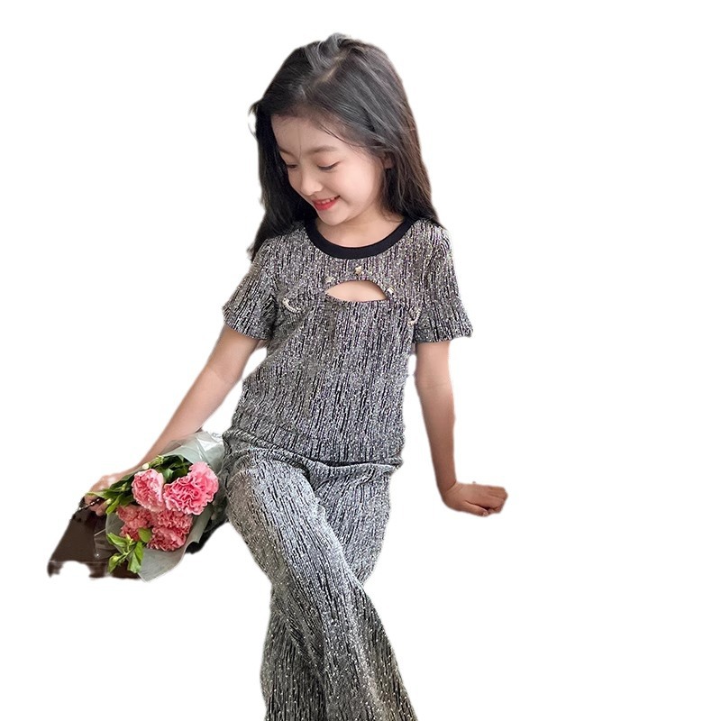 2024 kleidung Koreanische Ausgabe Modische Western Stil Sommer Neue Kollektion kinder Mädchen Bell-Bottom-Hose Zwei_voghion.com