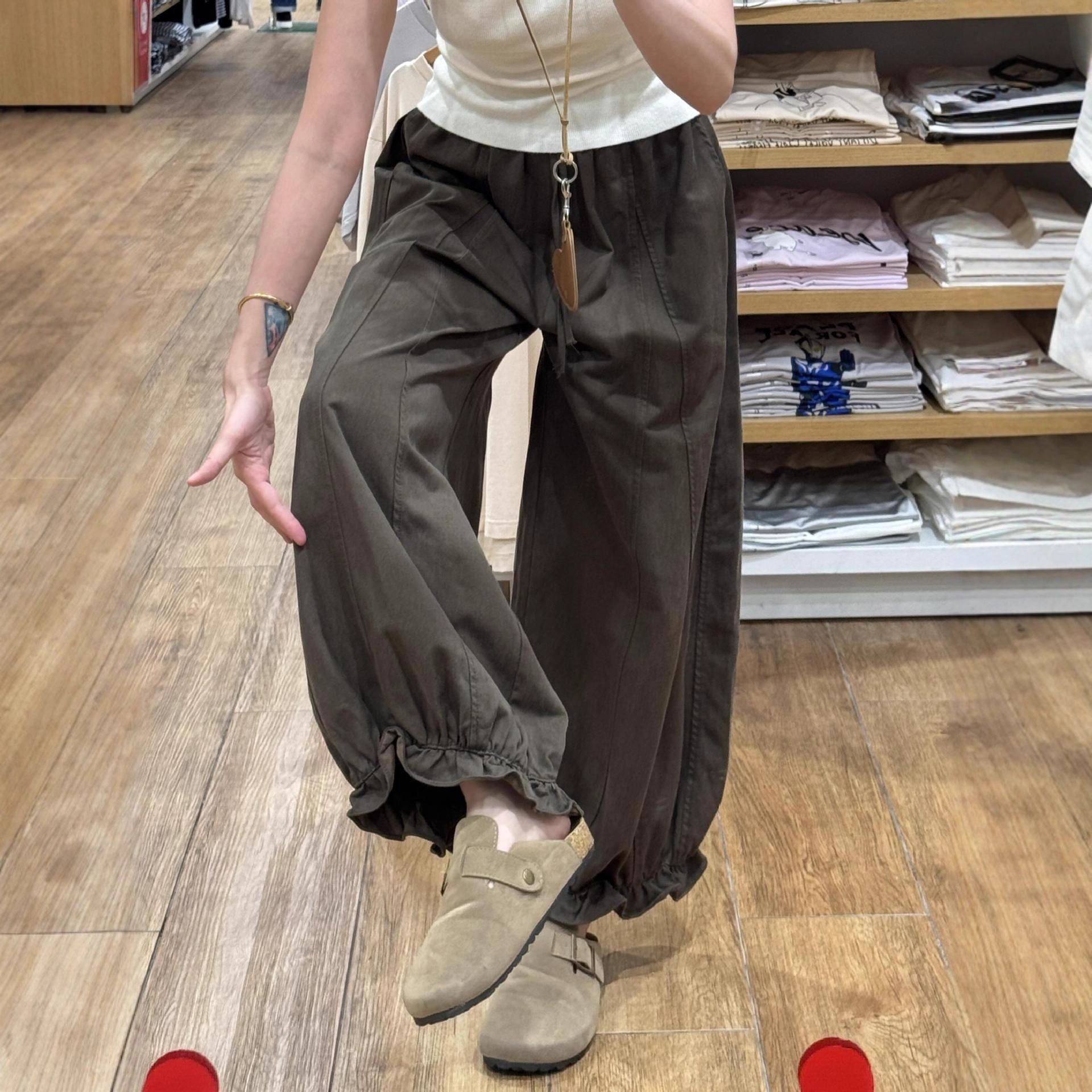 High-Waisted Floral Wide-Leg Casual Pants for Women 2025 Autumn New Slim-Fit Petite Casual Loose Cropped Lantern Pants