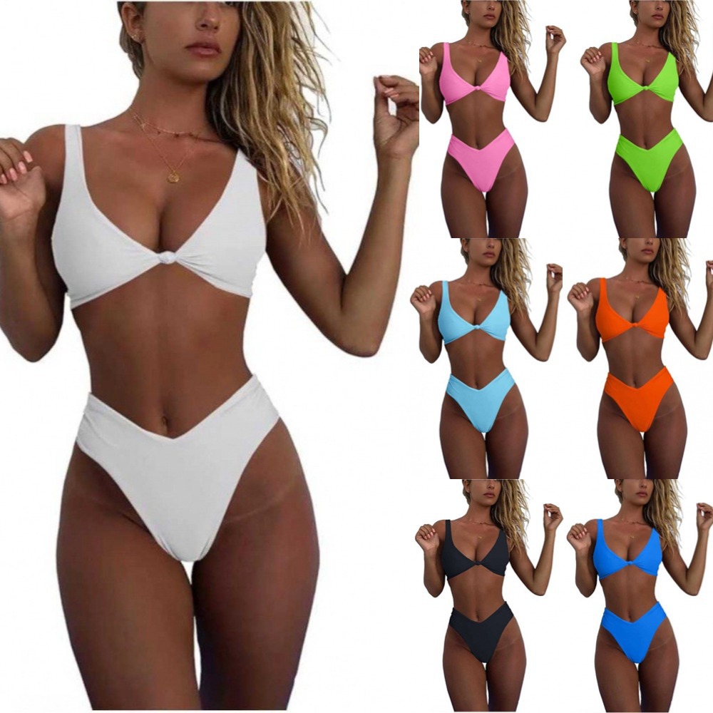 European and American Bikini Swimsuit Women's Pure Color Tight Backless Hot Spring Resort Split Swimsuit Huludao Swimsuit Swimsuit
