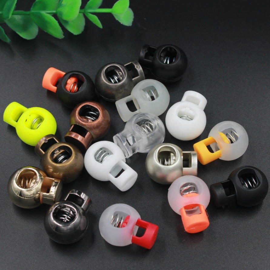 厂家直销双拼圆珠弹簧扣服饰配件仿金属彩色止滑卡扣单孔透明绳扣