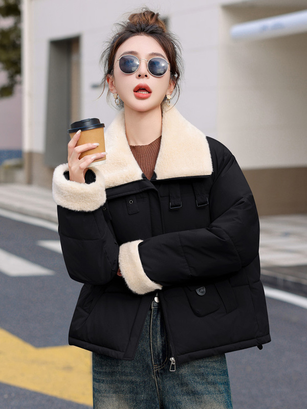 欧货外贸短款羽绒棉服女2025冬季小个子洋气羊羔毛翻领时尚棉衣女|undefined