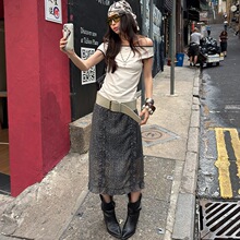 「 4.13 春夏新品 」SUUZOUU复古街头灰豹纹抽褶木耳摆半裙26Q250