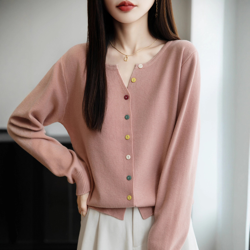Knitted Cardigan Sweater Women's Jacket Round Neck Loose Long-Sleeved Outer Wear Base Spring and Autumn New Korean Style Color Button Top