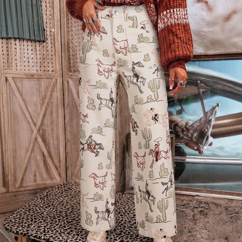 2026 Fall New High-Waisted Straight-Leg Pants for Women, European and American Trendy Western Style Multi-Color Printed Jeans for Women 2026 Fall New High-Waisted Straight-Leg Pants for Women, European and American Trendy Western Style Multi-Color Printed Jeans for Women