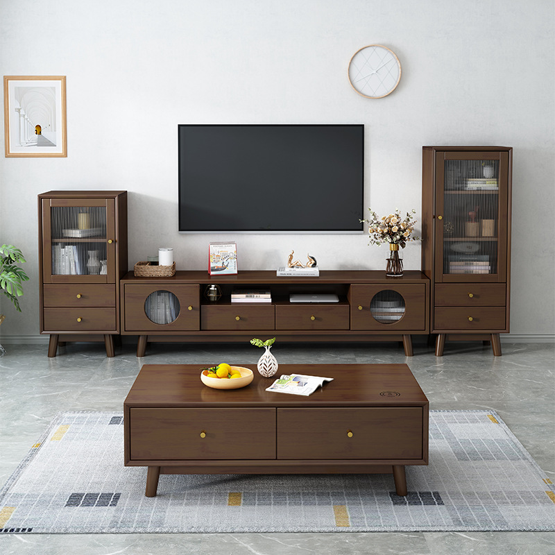 Madera maciza nórdica TV gabinete mesa de café combinación moderna minimalista hogar sala de estar gabinete de piso pequeño apartamento de pared de fondo