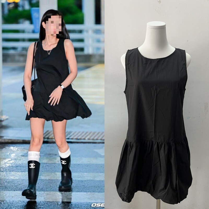 Long-Term In-Stock 2025 Summer Jennie Kim Ji-Ni Airport Same Style Black Spaghetti Strap Dress Women's Black Dress Puff Dress