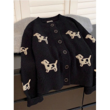 黑色浣熊绒小狗短款打底女慵懒重工欧货春秋加厚内搭针织开衫宽松