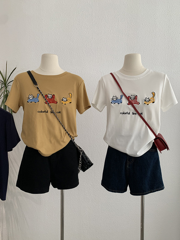 Omalai 三匹の子猫刺繍ラウンドネック右肩半袖 Tシャツ夏カジュアル万能ファッショントップ 3507|undefined