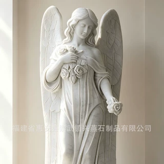 定制惠安石雕厂手工雕刻卡拉拉白大理石持玫瑰天使石像天使雕像