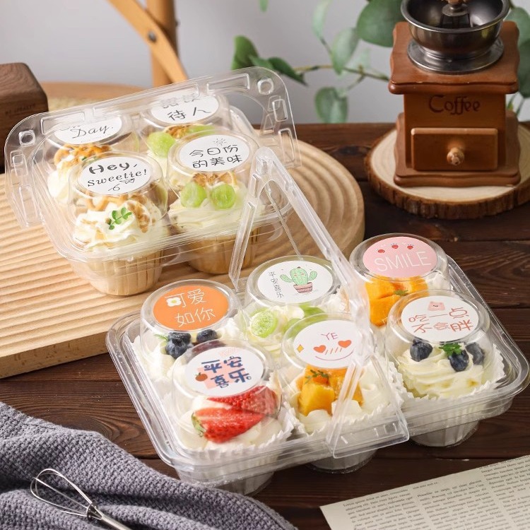Caja de embalaje de cupcake portátil, 4 cápsulas transparentes desechables, bandeja de postre de seis cápsulas, caja de embalaje de tazas de crema