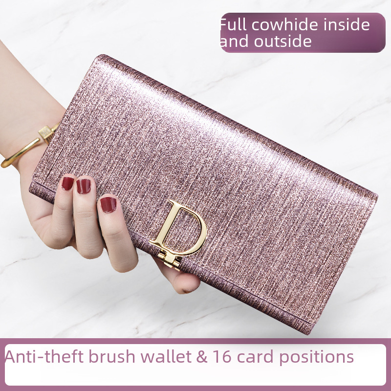 Factory direct sale 2024 new style women's wallet, long-style female pearl-effect D-buckle large-capacity multi-card slot genuine cowhide purse