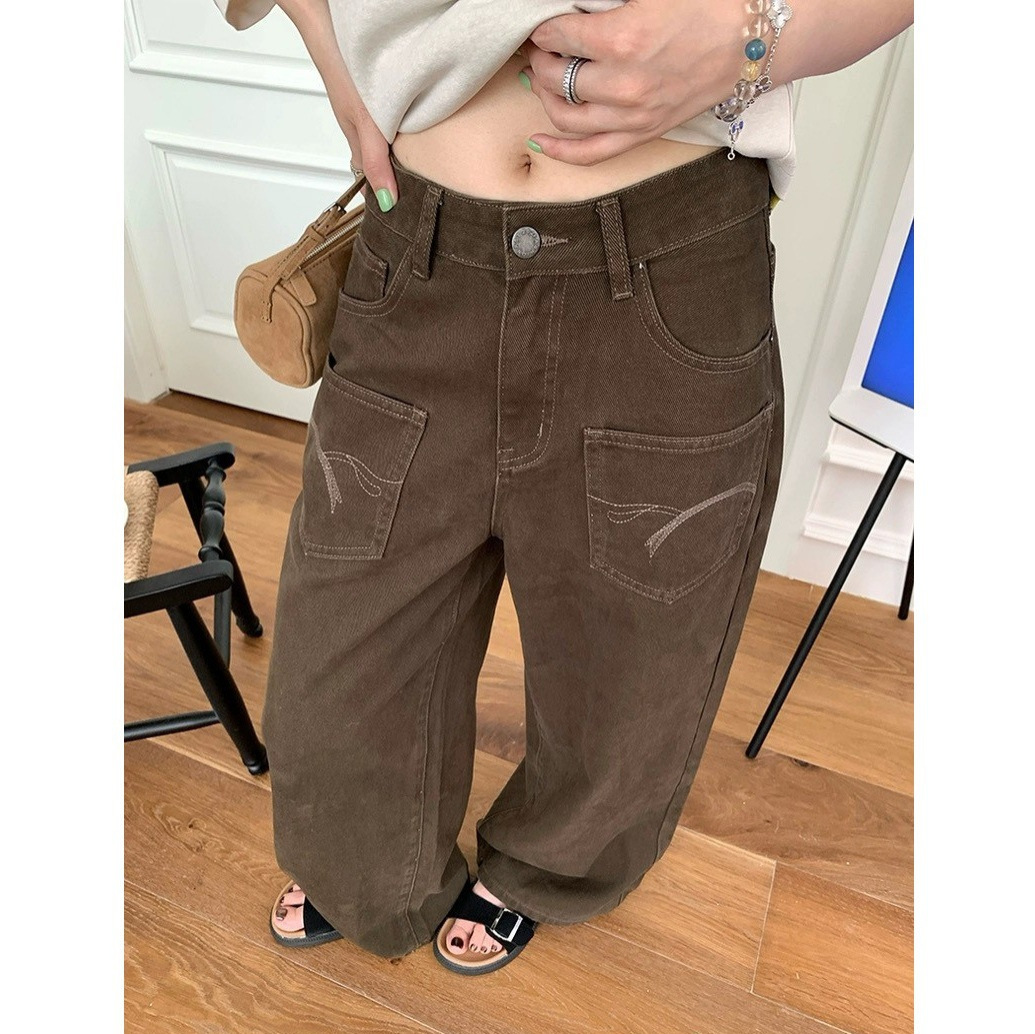 im向 Bella出街’设计感前刺绣贴袋宽松复古牛仔裤直筒裤女秋新款