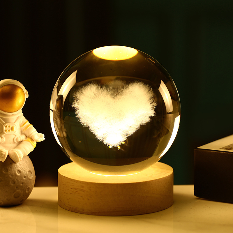 Bola de cristal 3D de la Vía Láctea — grabado interno luminoso con base de madera, luz nocturna decorativa creativa