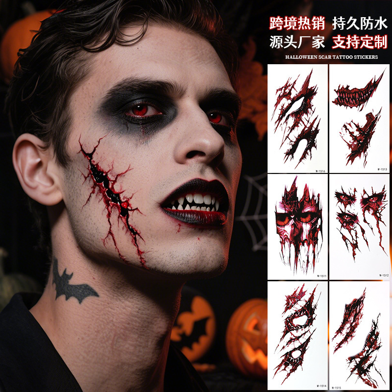 Halloween Tattoo Stickers Waterproof European and American Cross-Border Simulation Scar Stickers Party Face Wound Makeup Stickers Amazon
