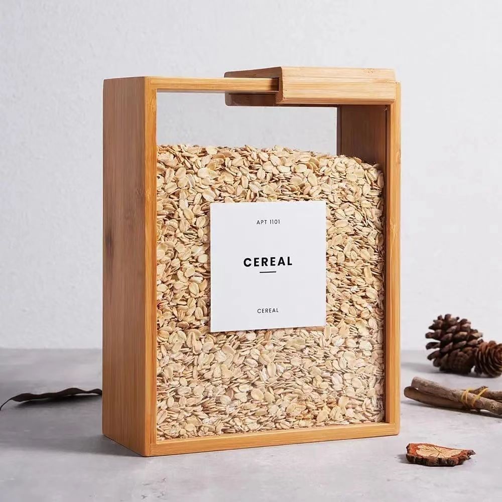 Caja de almacenamiento de alimentos al contado Cocina de madera Avena Cubo de almacenamiento de granos integrales Dispensador de granos de madera de bambú