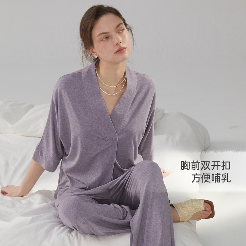 授乳トップス、女性用ミッドスリーブマタニティパジャマ、Vネック前開き産後服、授乳用竹繊維産後ホームウェア|undefined