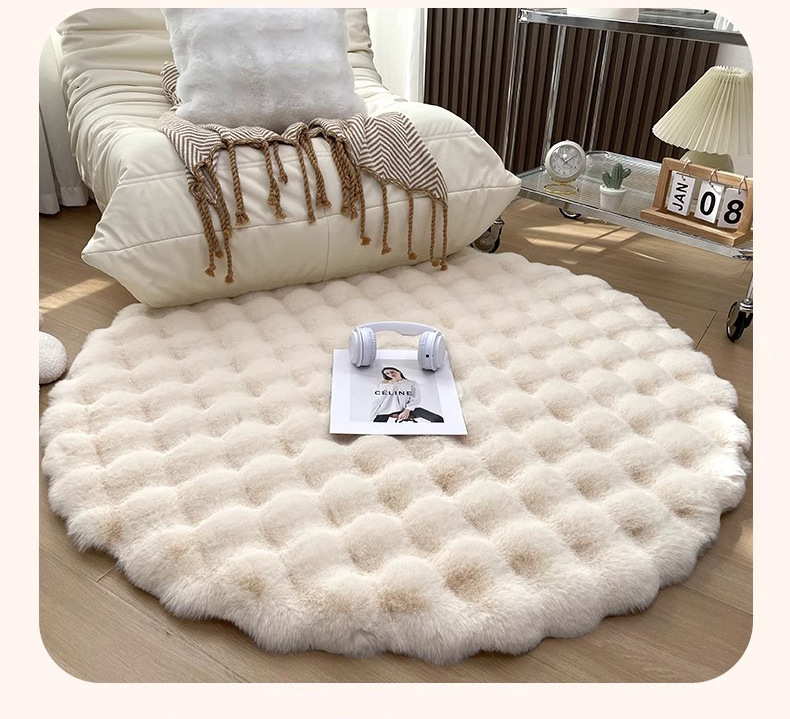 Cream-Colored Round Carpet, Thick Rabbit Fur Rug, Living Room Sofa Coffee Table Rug, Dressing Room Vanity Chair Mat